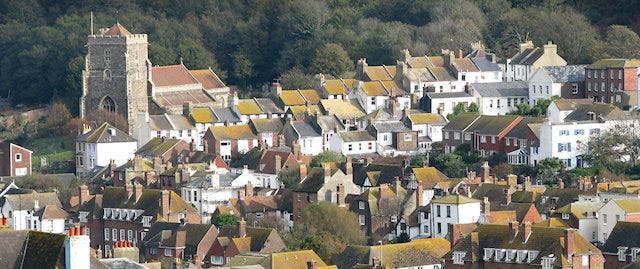 Sky view of a town with a prominent church
