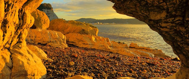 Shingle beach with the famous beer stone