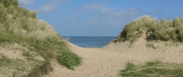 A sandy pathway between dunes leads to a beach