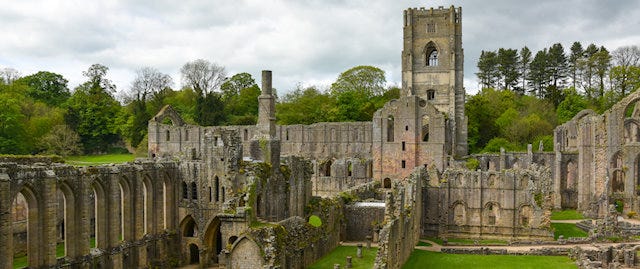 View of the remaining ruins of Fountains Abbey