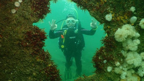 A diver underwater waving at the photographer