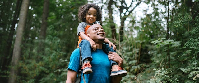 Child on her fathers shoulder in woodland