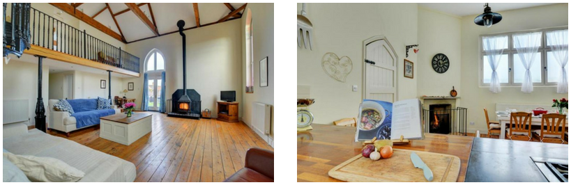 Living room with wood burner | Open plan kitchen