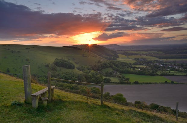 Sunset looking down a valley in the south downs