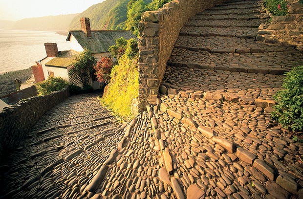 Winding cobbled steps