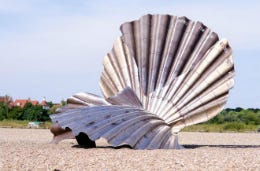 Maggi Hambling's giant metal scallop sculpture on Aldeburgh beach.