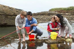 A family crabbing by the beach in Suffolk.