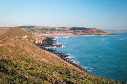 Beautiful coastline, green foliage in the foreground with clear blue seas in the back.