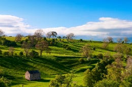 Blue sky with white clouds green hills and trees