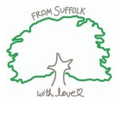 Green line drawing of tree with the suffolk from love written around it 