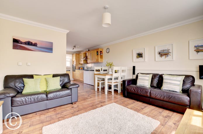 The light, spacious, and stylish open plan living room has comfy leather sofas