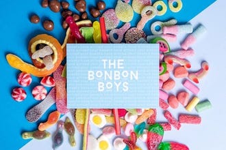 Sweets surround the brand logo for 'the bonbon boys'